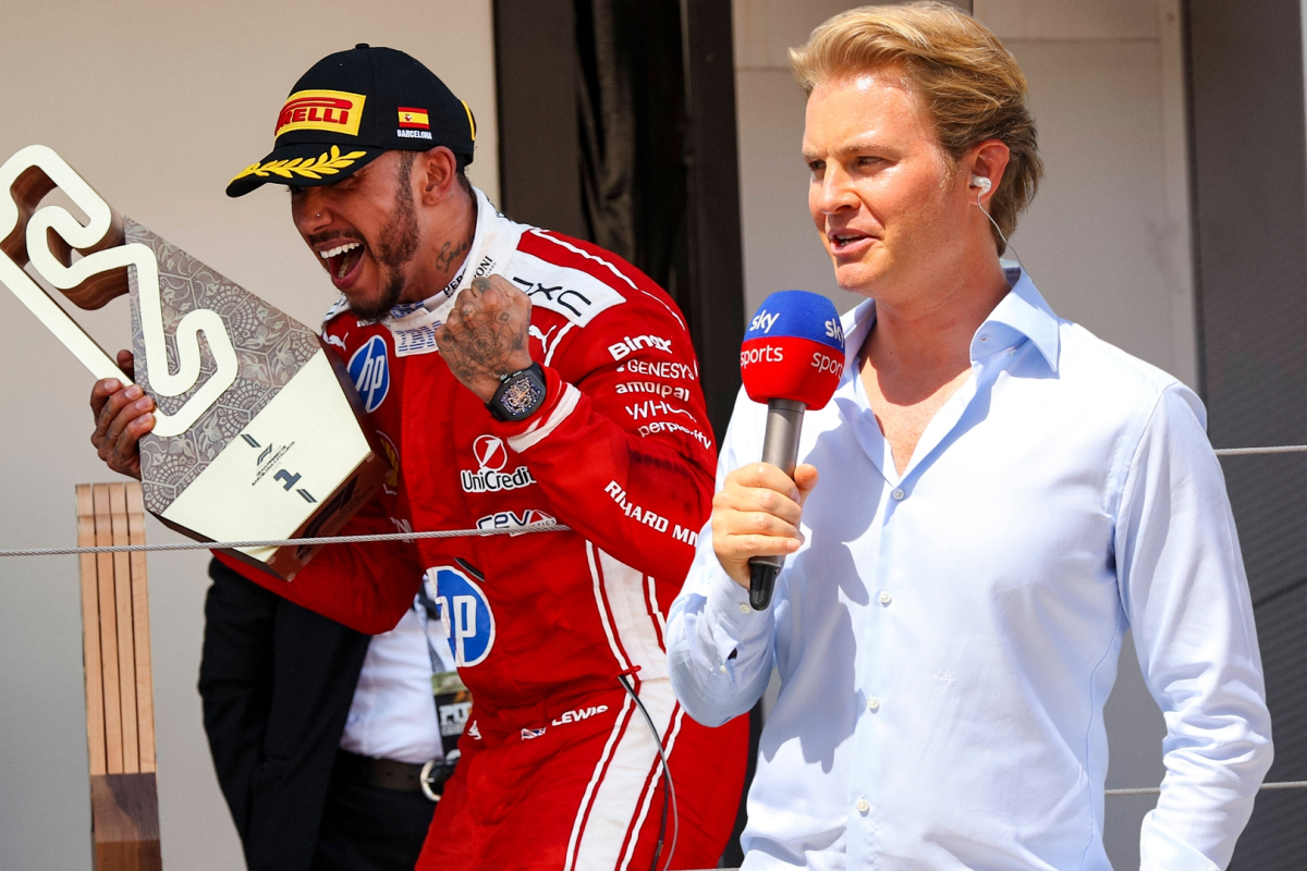 Hamilton celebrating on Barcelona GP podium in Ferrari race suit with trophy, Rosberg edited next to him holding Sky Sports mic