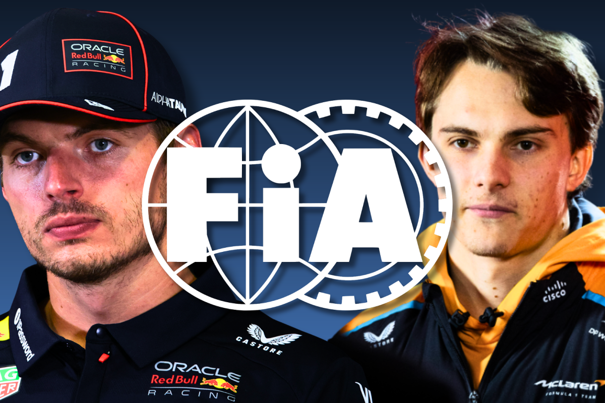 Verstappen looking serious alongside Piastri, edited either side of the white FIA logo with dark blue gradient background