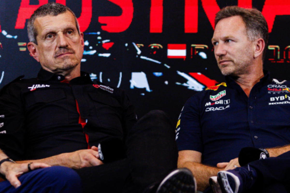 An image of former F1 team principals Guenther Steiner and Christian Horner in an FIA press conference