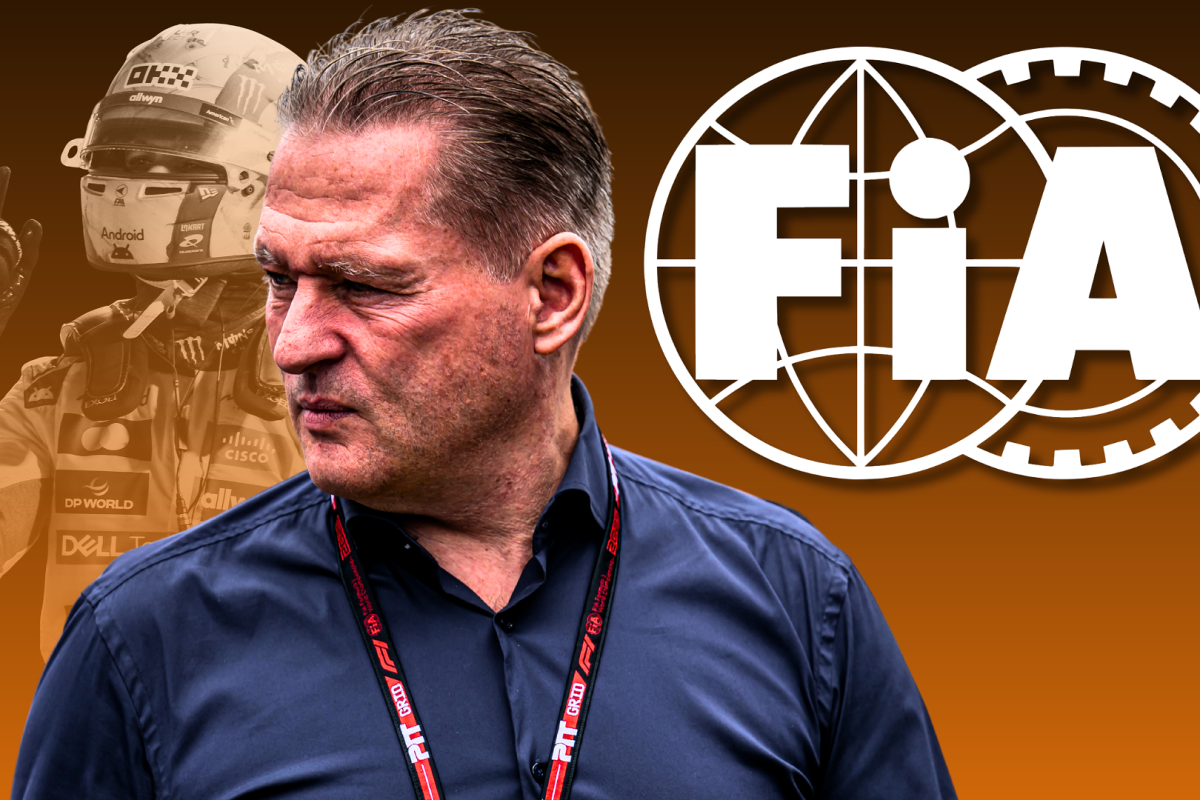 Grumpy Jos Verstappen edited next to a white FIA logo with a black and orange ombre background and a white shadow of Norris celebrating a race win in McLaren race suit
