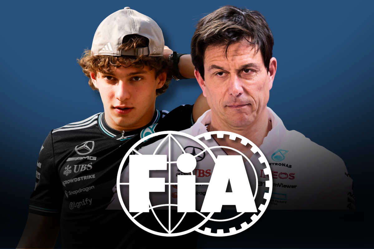 Antonelli and Wolff looking stressed with blue gradient background and small white FIA logo in front of them