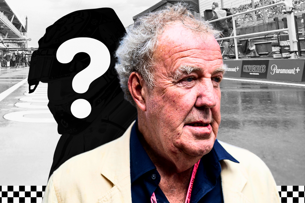 Jeremy Clarkson stands with a driver silhouette behind him 