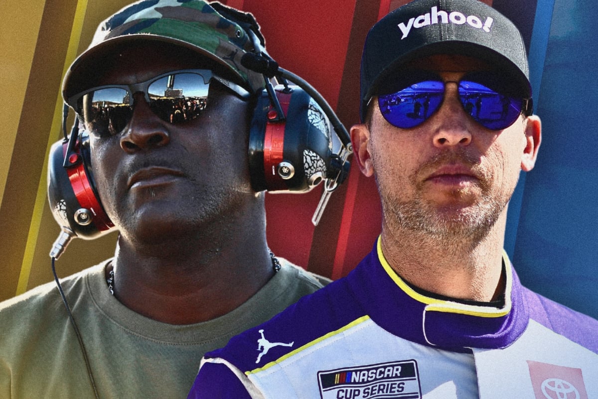 A composite image of 23XI co-owners Denny Hamlin and Michael Jordan