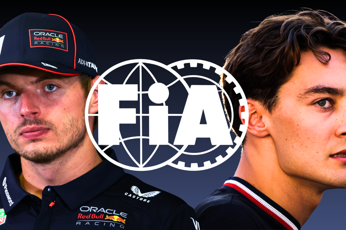Max Verstappen and George Russell looking serious with a FIA logo in the background