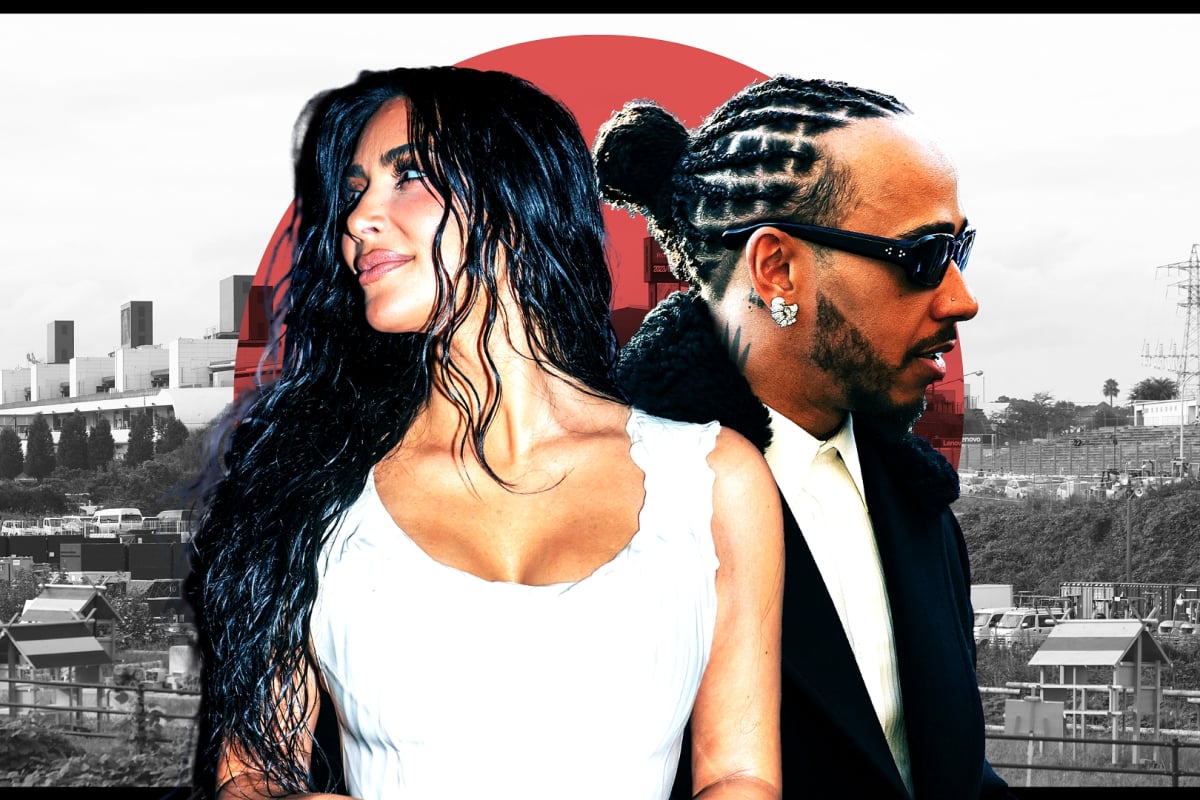 Kardashian and Hamilton looking in opposite directions with Japanese GP-themed background with white and red Japanese flag overlay