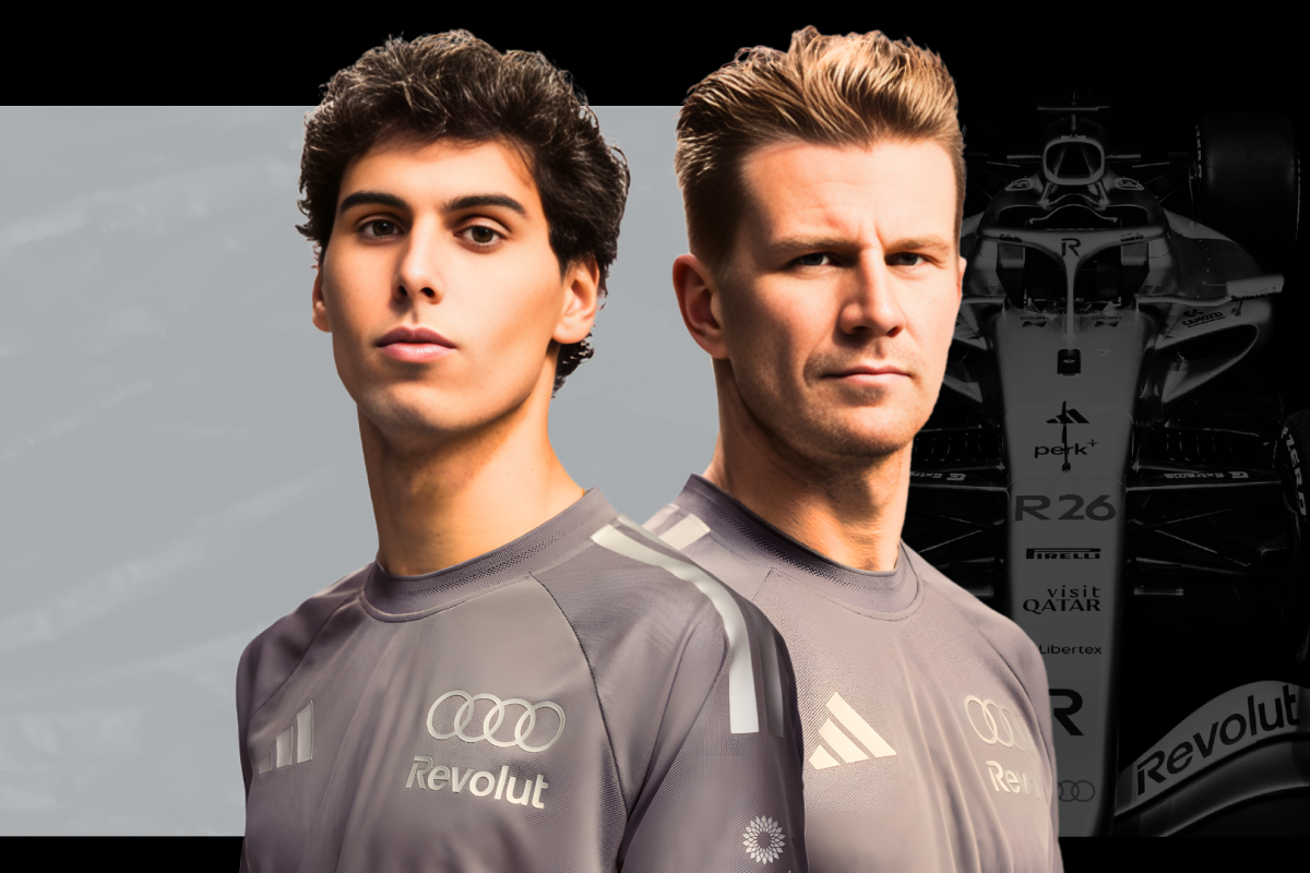 Hulkenberg and Bortoleto in grey revolut F1 kit with R26 background