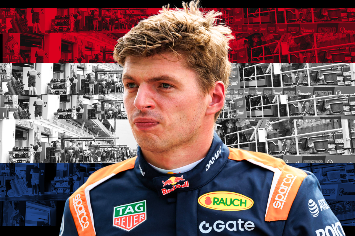 A composite image of Max Verstappen with a Dutch themed background