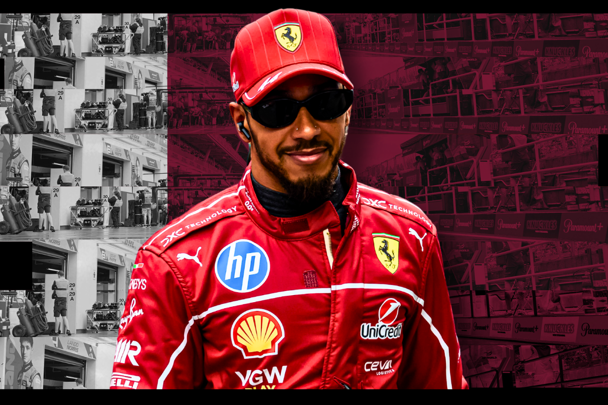 Lewis Hamilton smiling on a background of the Qatar flag
