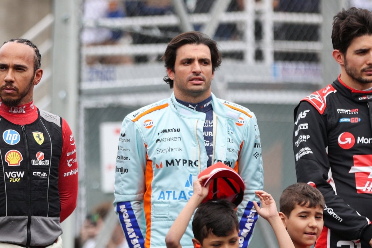 Hamilton, Sainz and Ocon stood side by side during national anthem at 2025 Brazilian GP