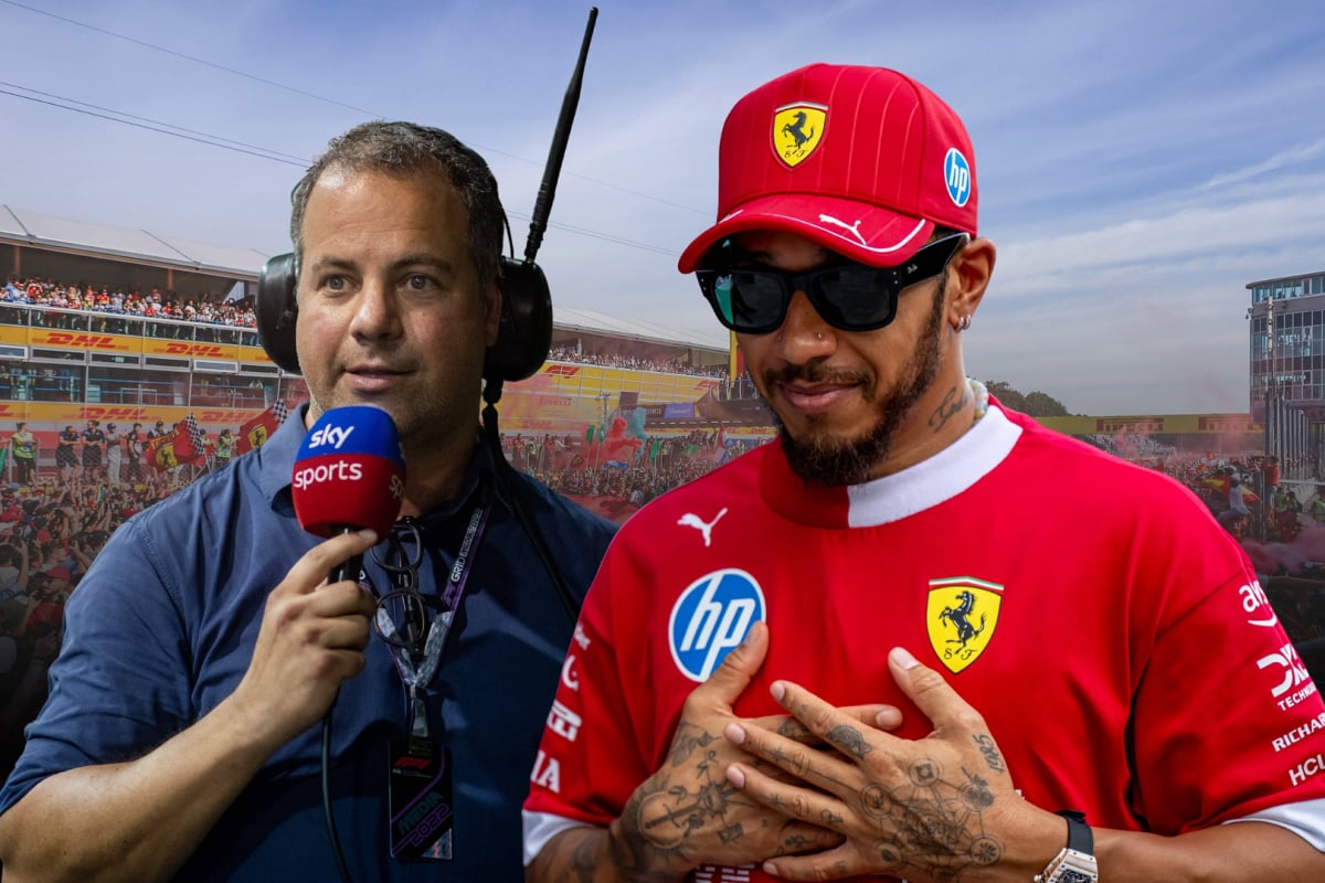 Lewis Hamilton looking grateful and Ted Kravitz appearing alarmed edited together on a background of the tifosi at Monza