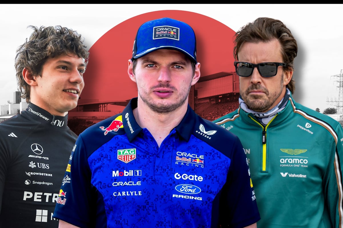 Kimi Antonelli, Max Verstappen, Fernando Alonso are shown with a Japanese flag background