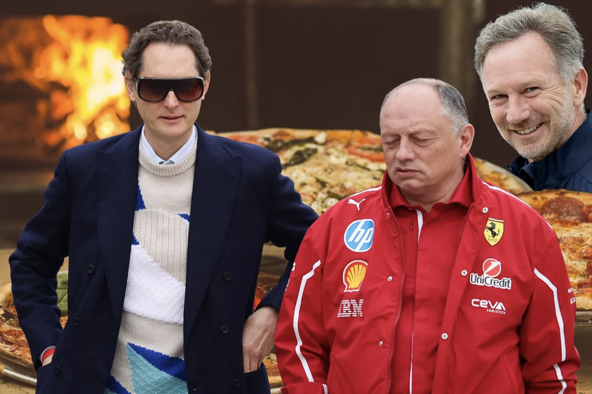 John Elkann, Christian Horner, Fred Vasseur in front of a pizza