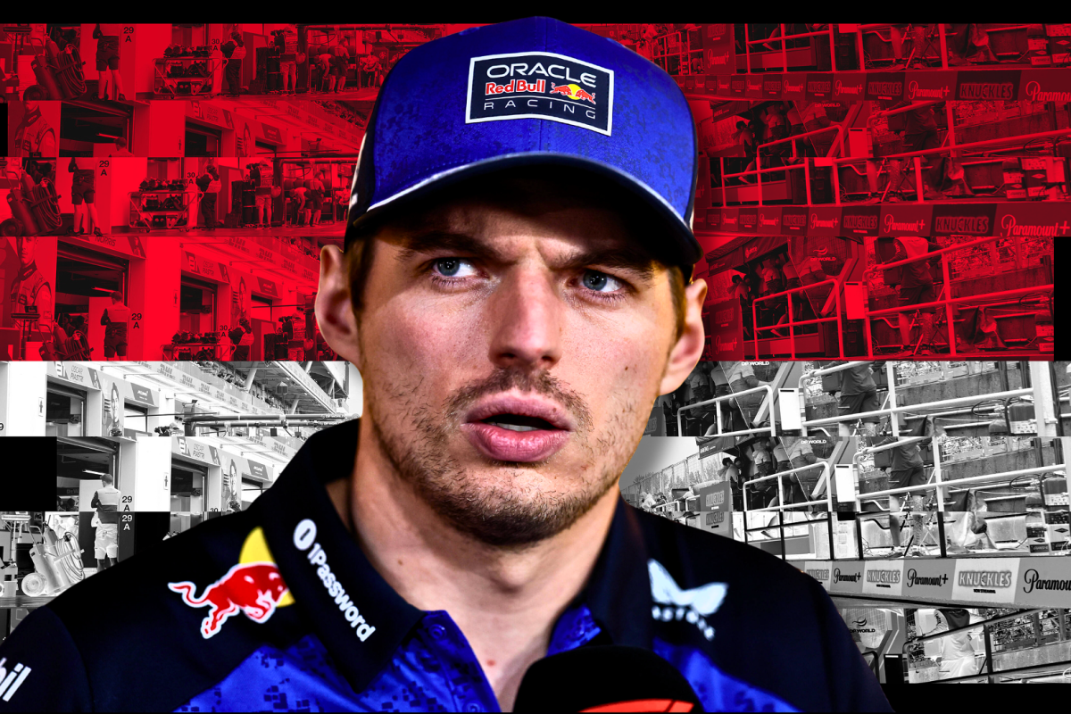 Confused Verstappen in Red Bull tee and hat with red and white Monaco flag background
