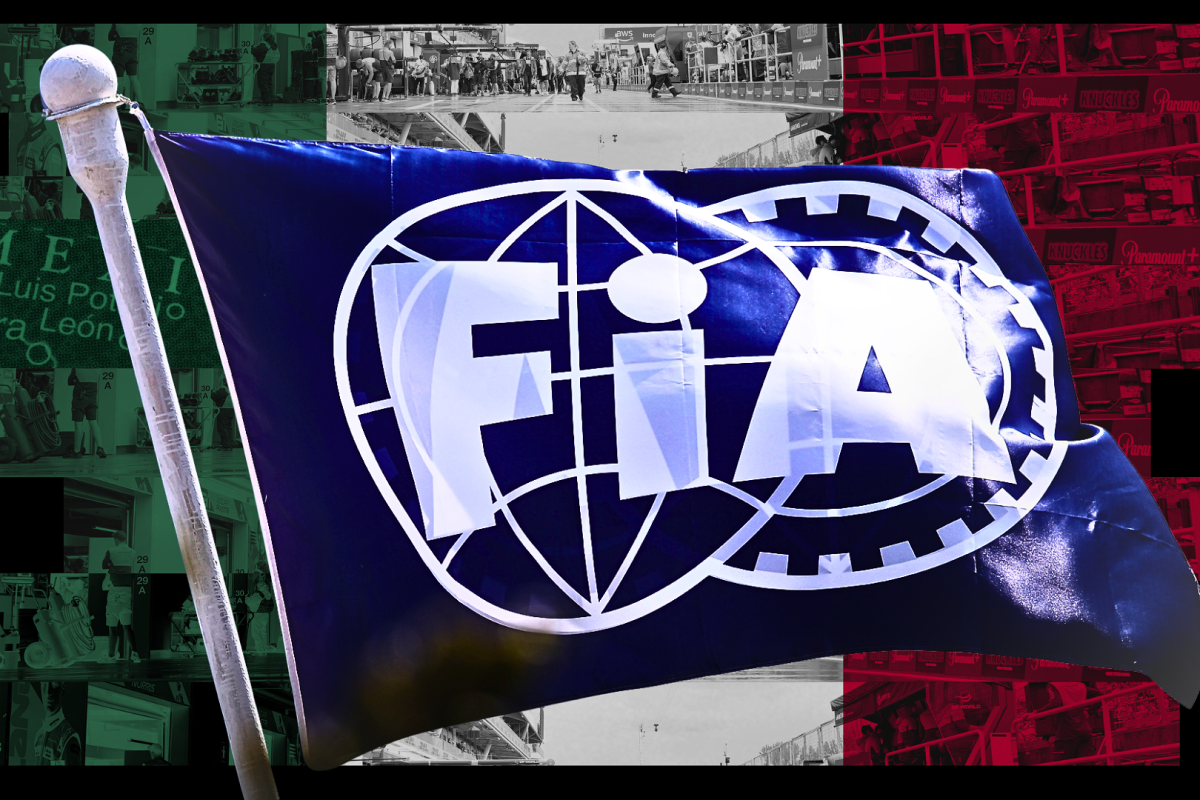 The blue FIA flag edited over a paddock-themed background in the Mexican flag colours