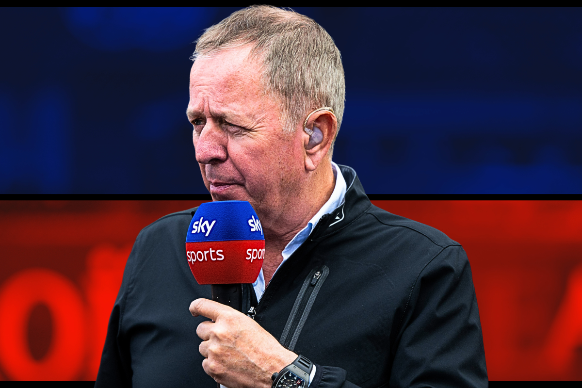 Brundle in white shirt holding red and blue Sky Sports microphone with red and blue contrasting background