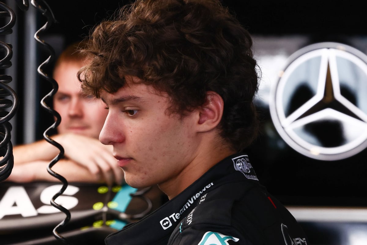 Antonelli looking downcast in the Mercedes F1 garage