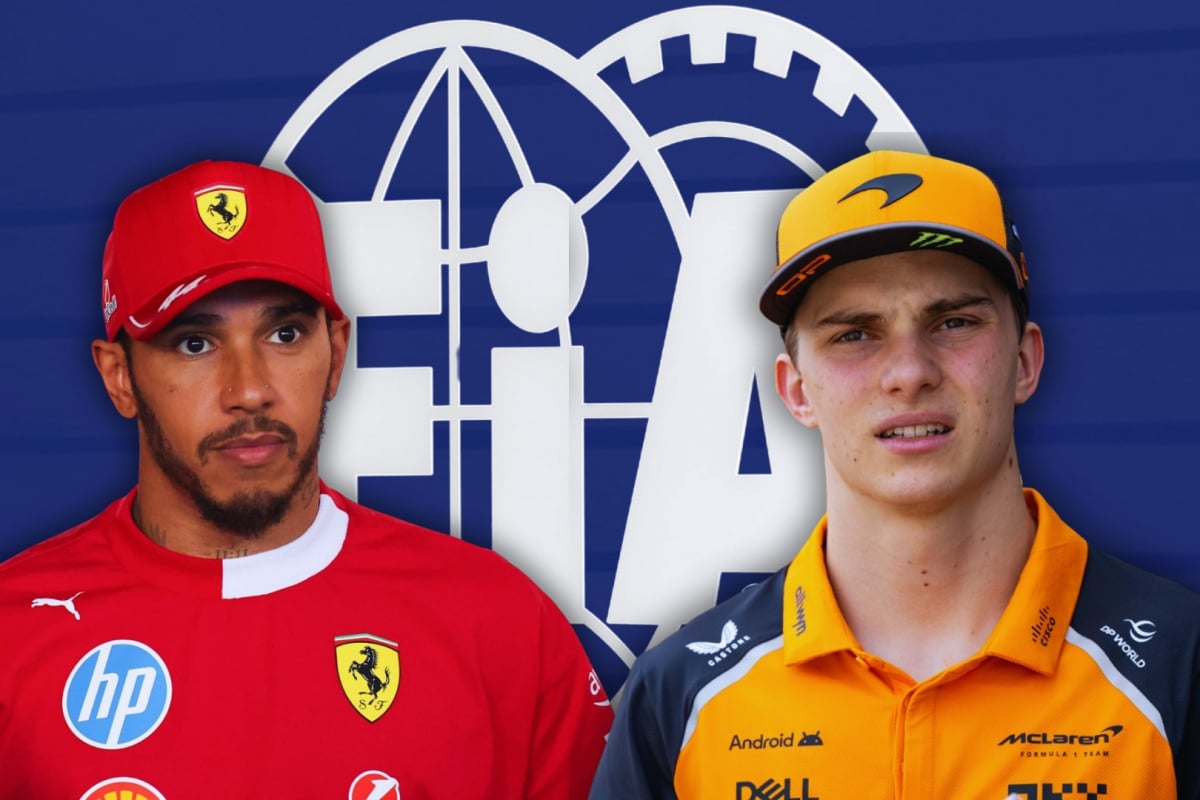 Hamilton and Piastri in front of an FIA logo