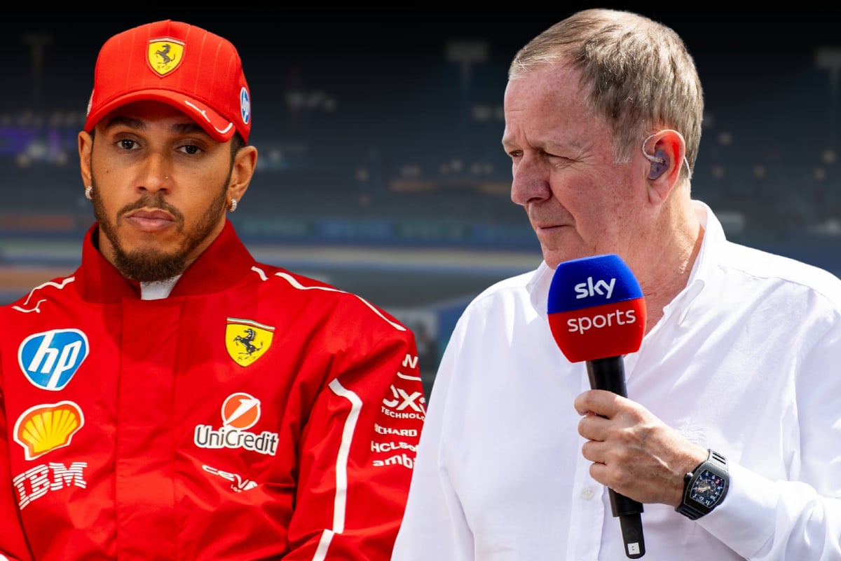 An edited image of Lewis Hamilton furious and Martin Brundle concerned with a Sky microphone