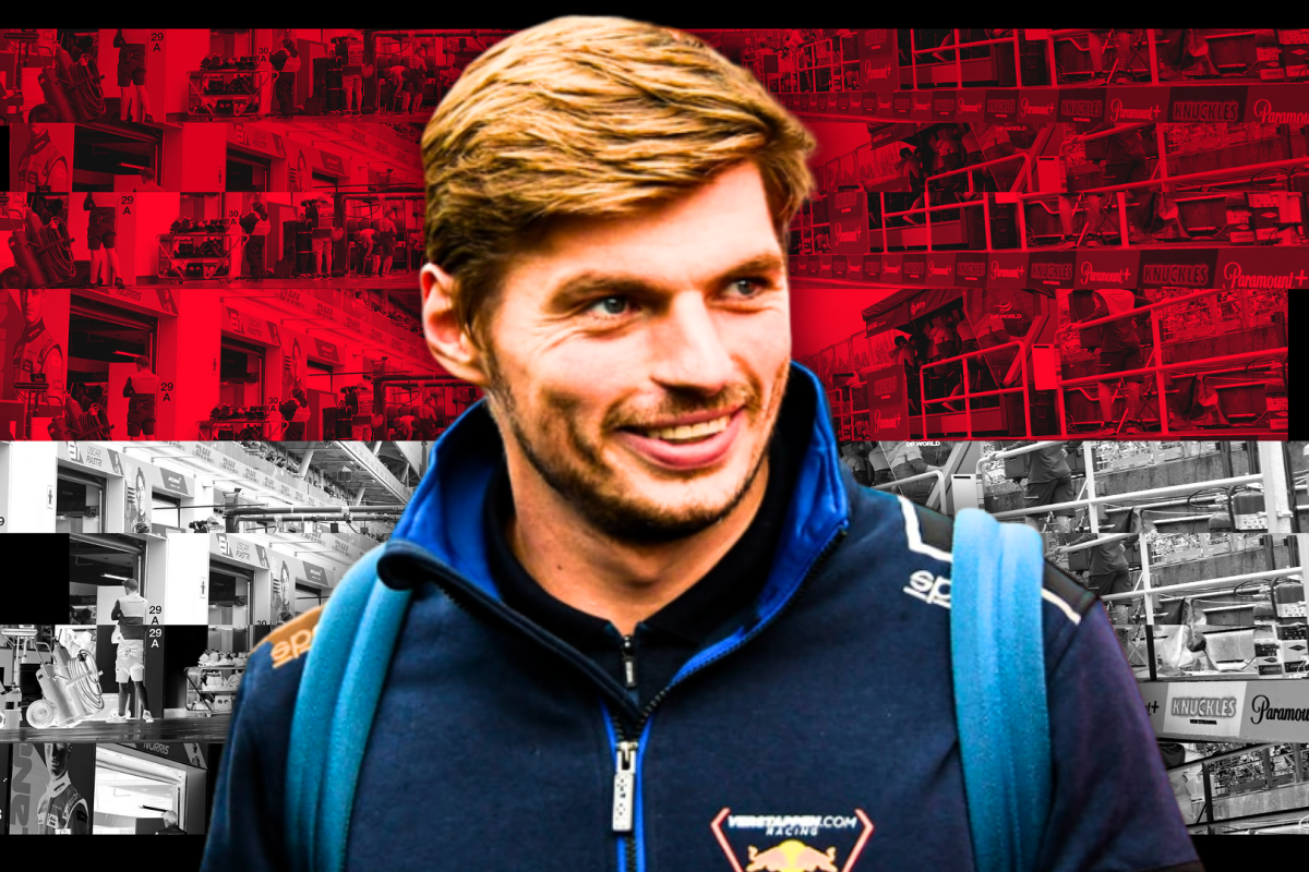 Verstappen smiling in Verstappen Racing hoodie with red and white Monaco background