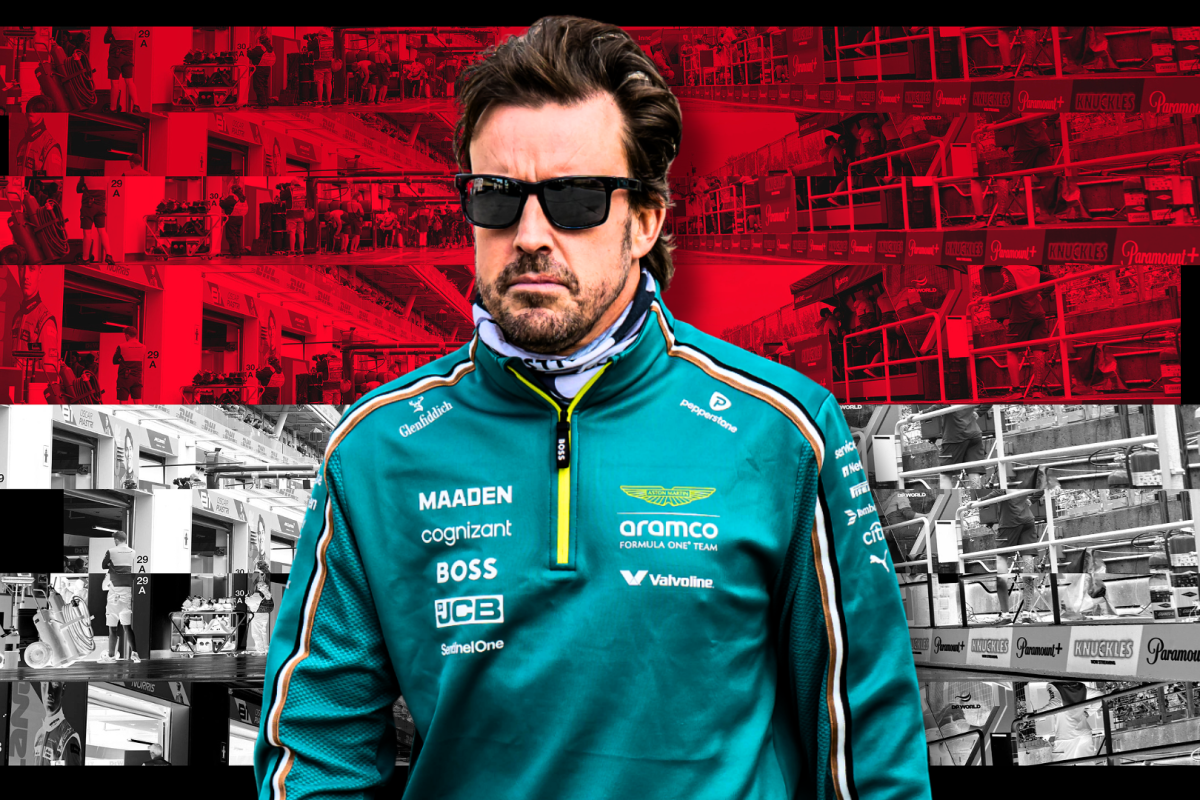 Alonso with a straight face in Aston Martin green with red and white Monaco background