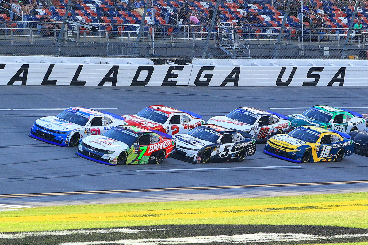 An image of a restart during the 2025 Xfinity Series race at Talladega Superspeedway