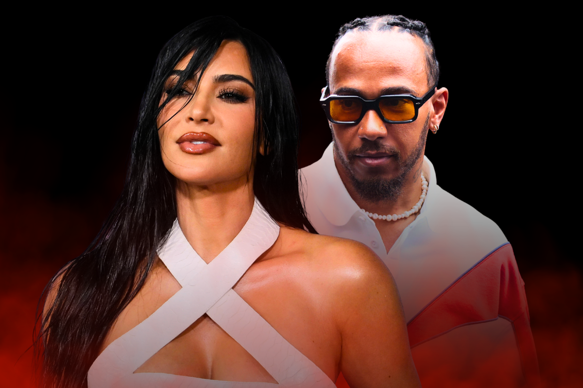 Kim Kardashian in full glam alongside headshot of Hamilton in orange-tinted glasses and red and white pullover. Black background with red smoke rising from the bottom of image.