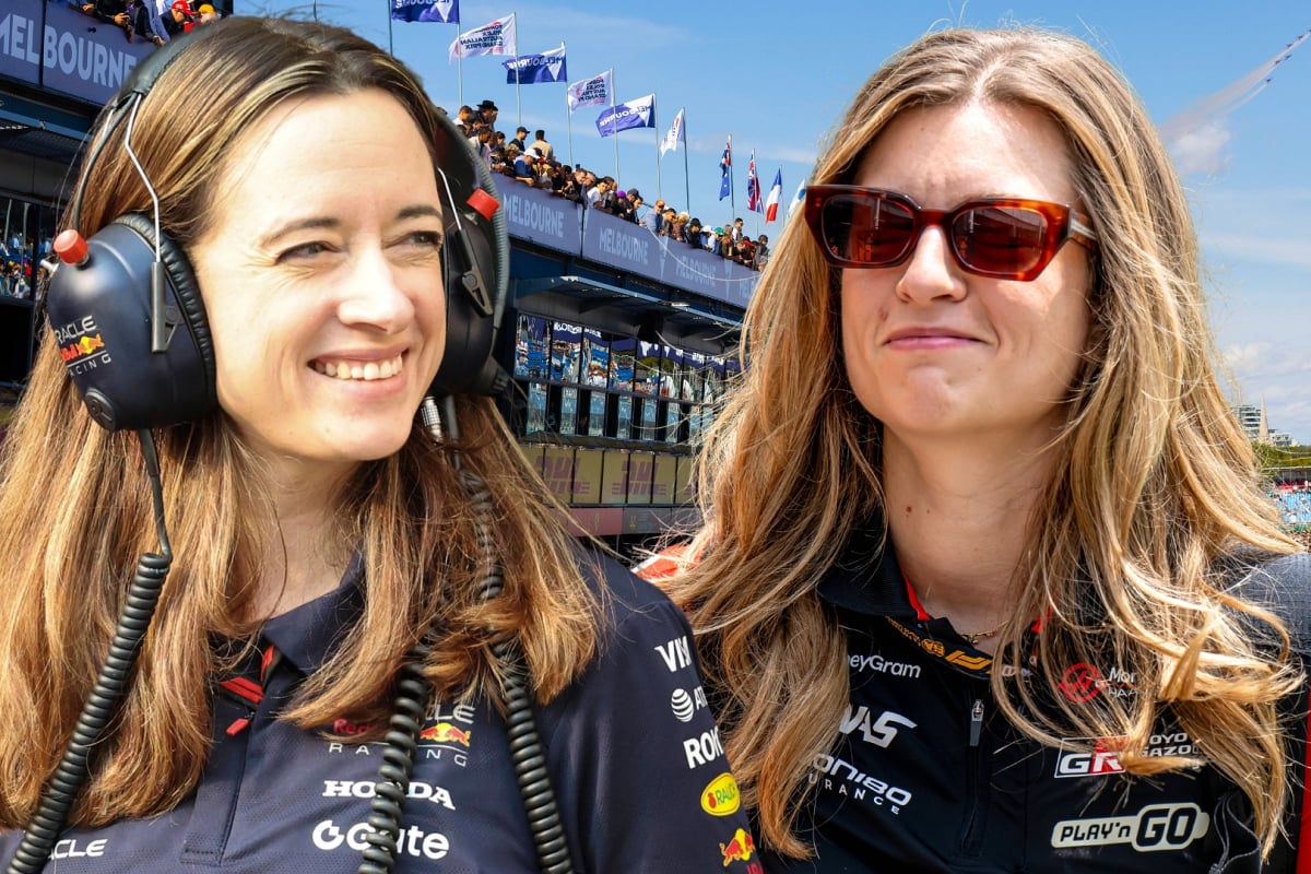 Laura Muller and Hannah Schmitz smile in front of the Australian GP paddock