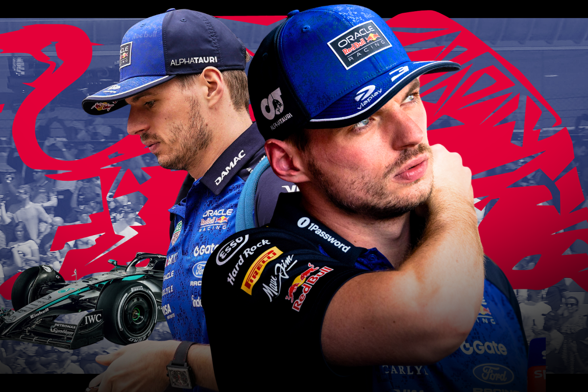 Two pictures of Verstappen with Red Bull logo in the background over black and white F1 track featuring Mercedes car