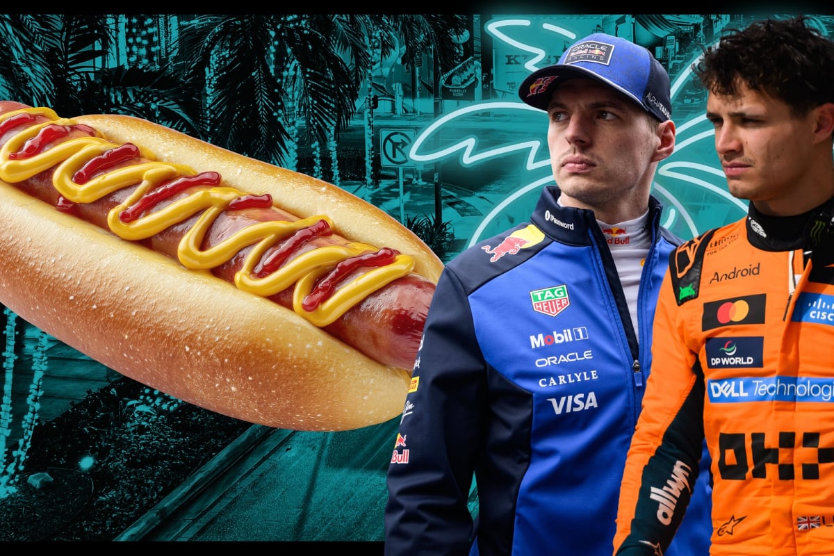 Max Verstappen and Lando Norris look concerned as they glance over at a superimposed giant hot dog