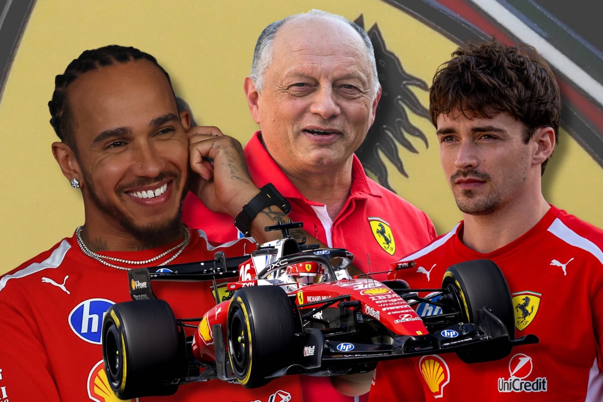 Lewis Hamilton, Fred Vasseur, Charles Leclerc are pictured with a Ferrari car