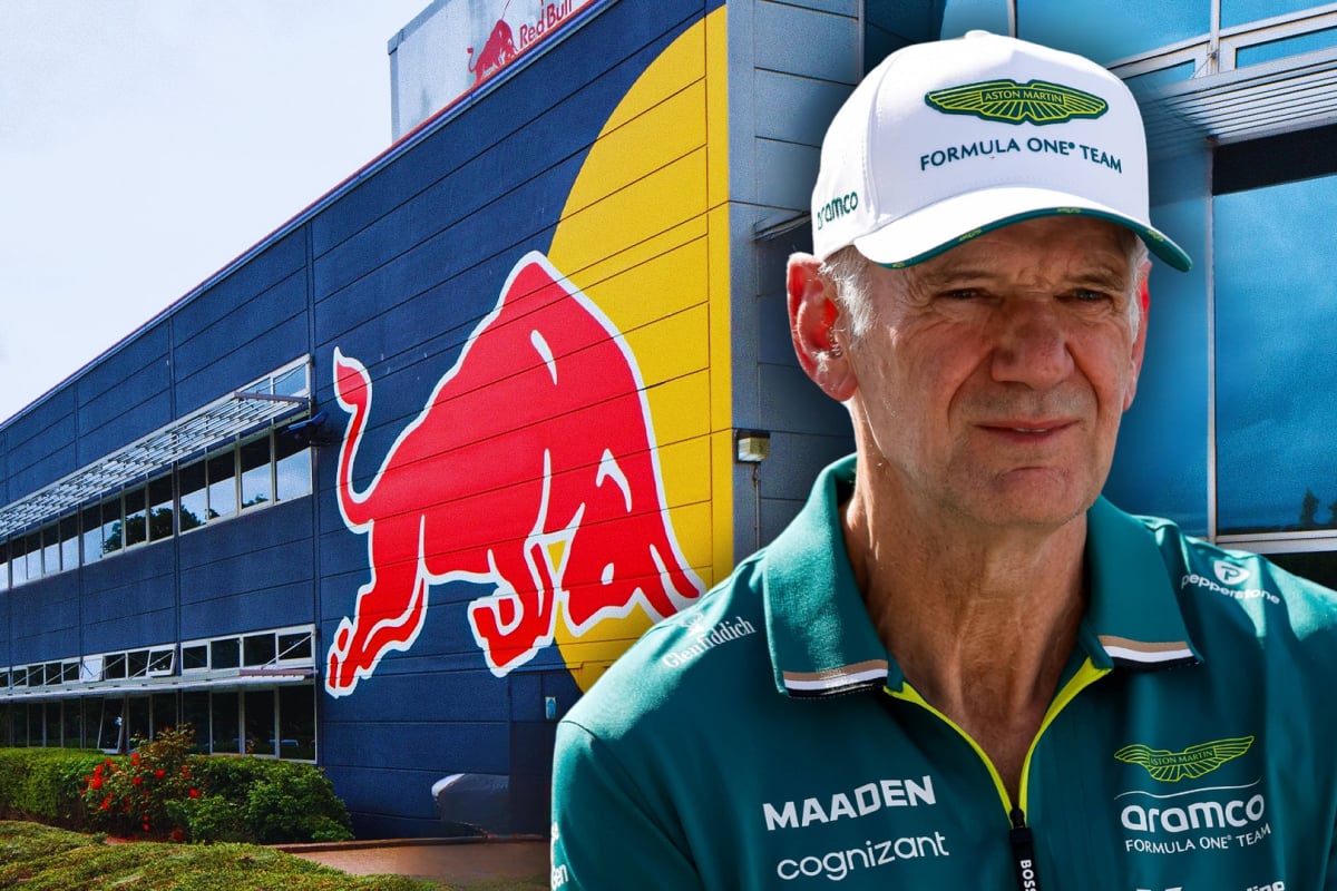 Newey looking concerned in Aston Martin polo and cap edited in front of a Red Bull factory