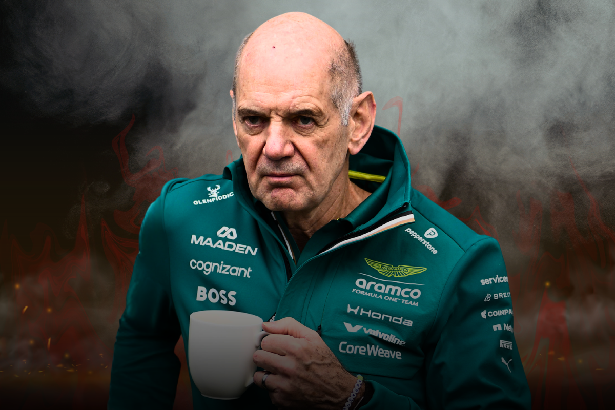 Adrian Newey scowling with a mug of coffee edited on a background of destruction