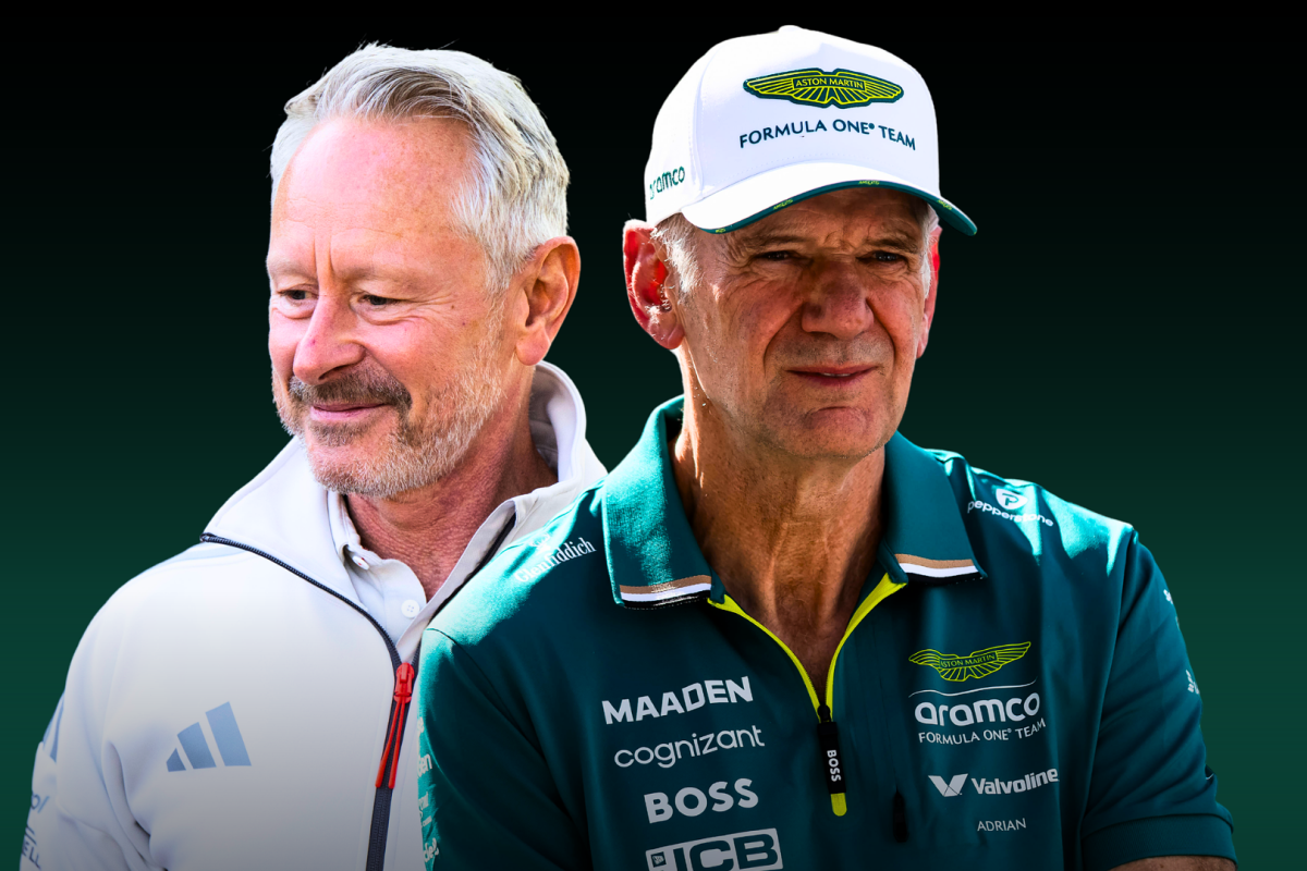 Wheatley in Audi F1 jacket edited next to Newey in Aston Martin kit with a racing green background