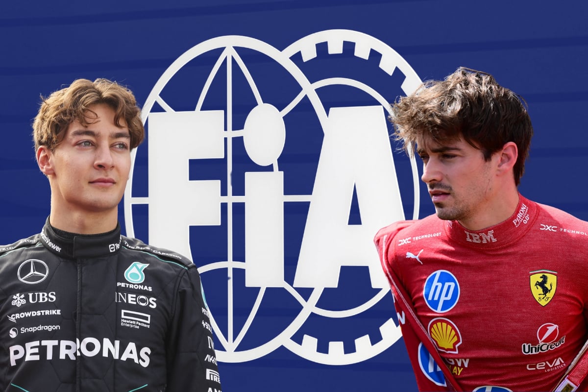 George Russell and Charles Leclerc look concerned at one another in front of the FIA logo