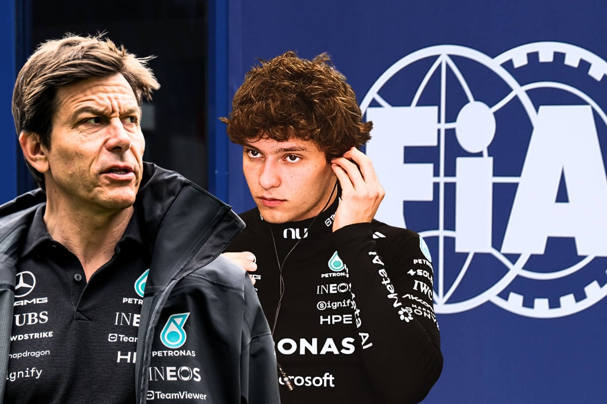 Wolff and Antonelli in separate pictures looking serious with white FIA logo on blue building in background