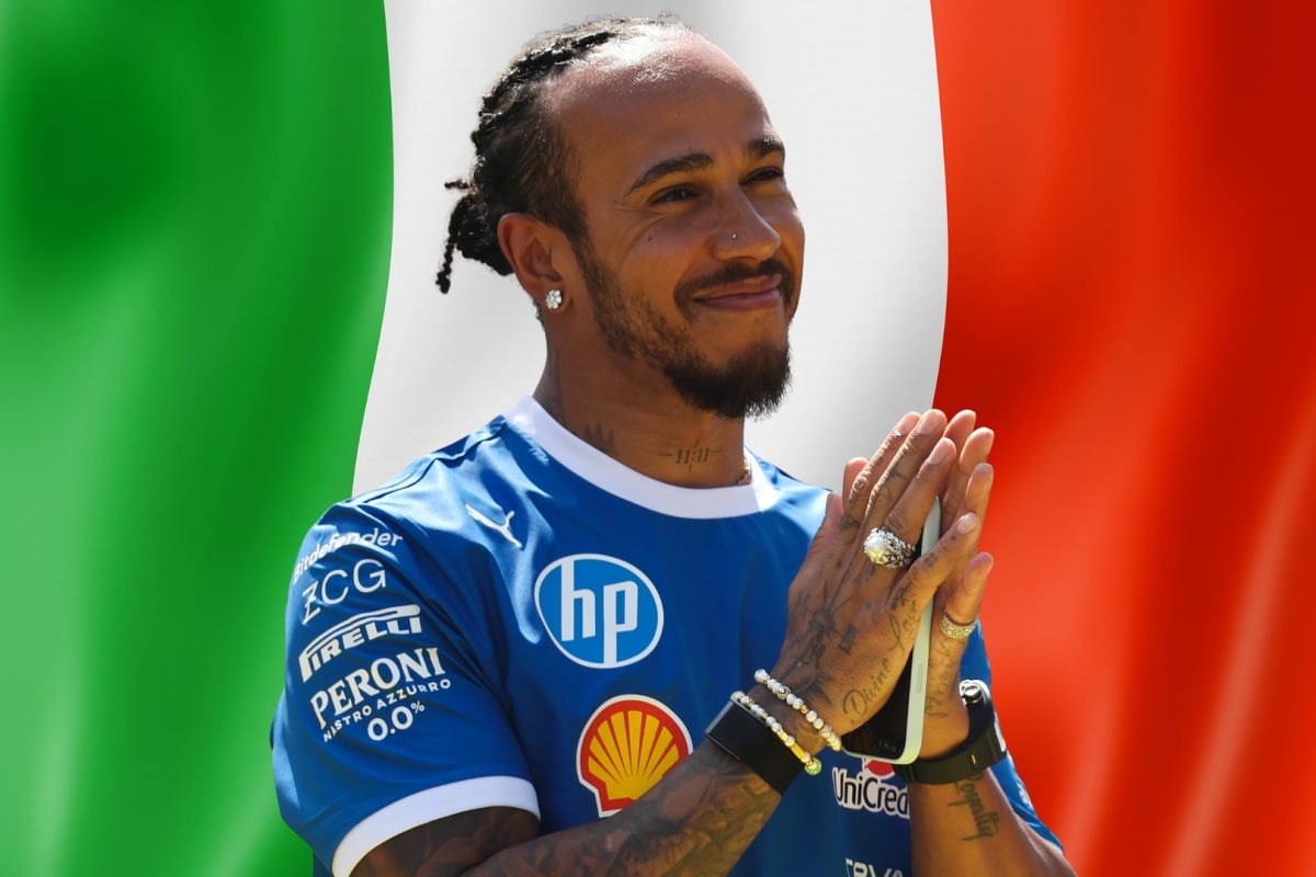 Lewis Hamilton has his hands in a prayer position with an Italian flag background