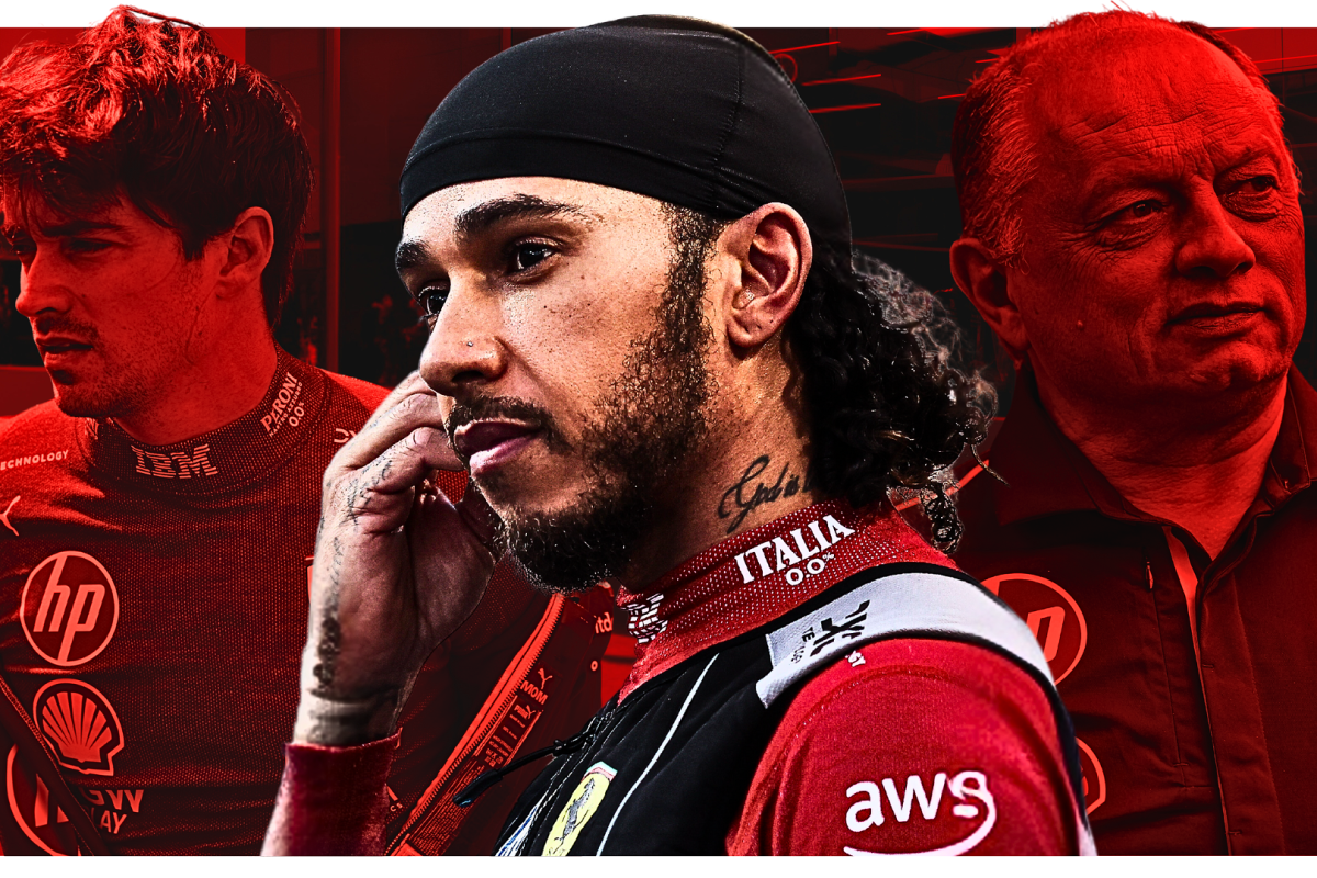 Composite image of Leclerc, Hamilton and Vasseur all in Ferrari kit with a red background