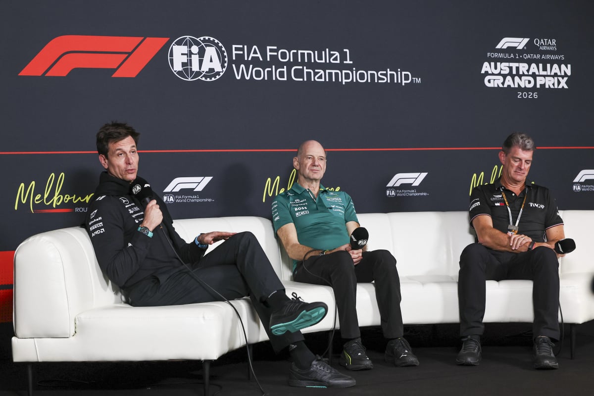 Adrian Newey, Toto Wolff and Graeme Lowdon speak during a 2026 F1 press conference