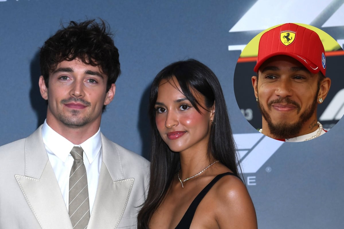 Charles Leclerc stands with Alexandra Saint Mleux at the F1 movie premiere with an inset featuring Lewis Hamilton