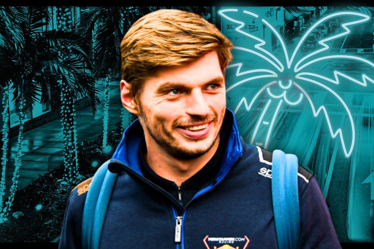 Max Verstappen looking happy edited on a neon blue background resembling Miami