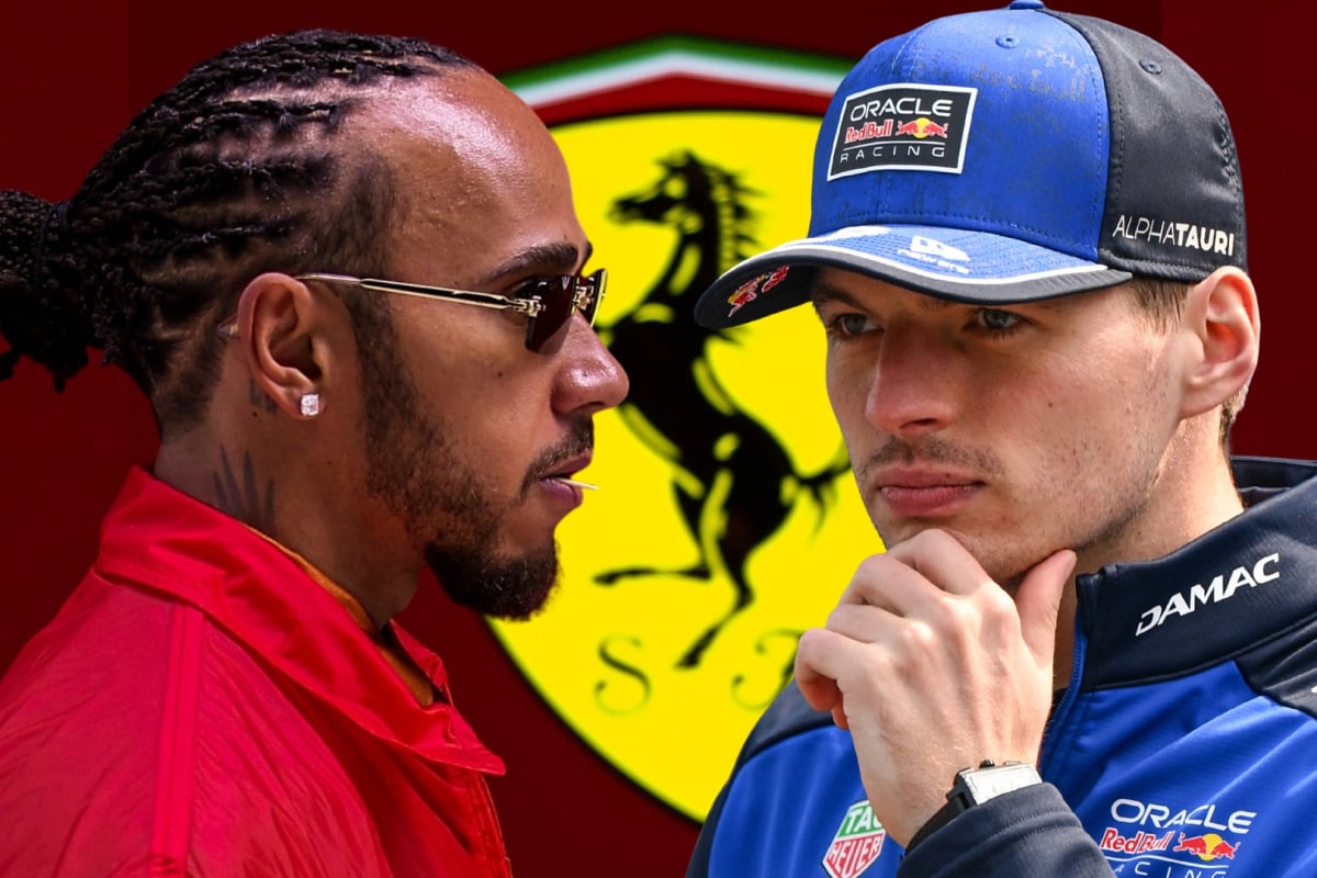 Lewis Hamilton and Max Verstappen look across at each other with a Ferrari badge in the background