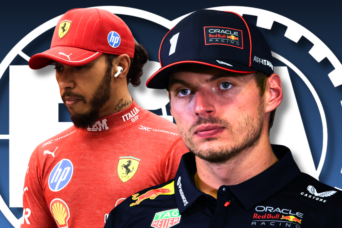 Lewis Hamilton and Max Verstappen are seen in a composite in front of an FIA logo