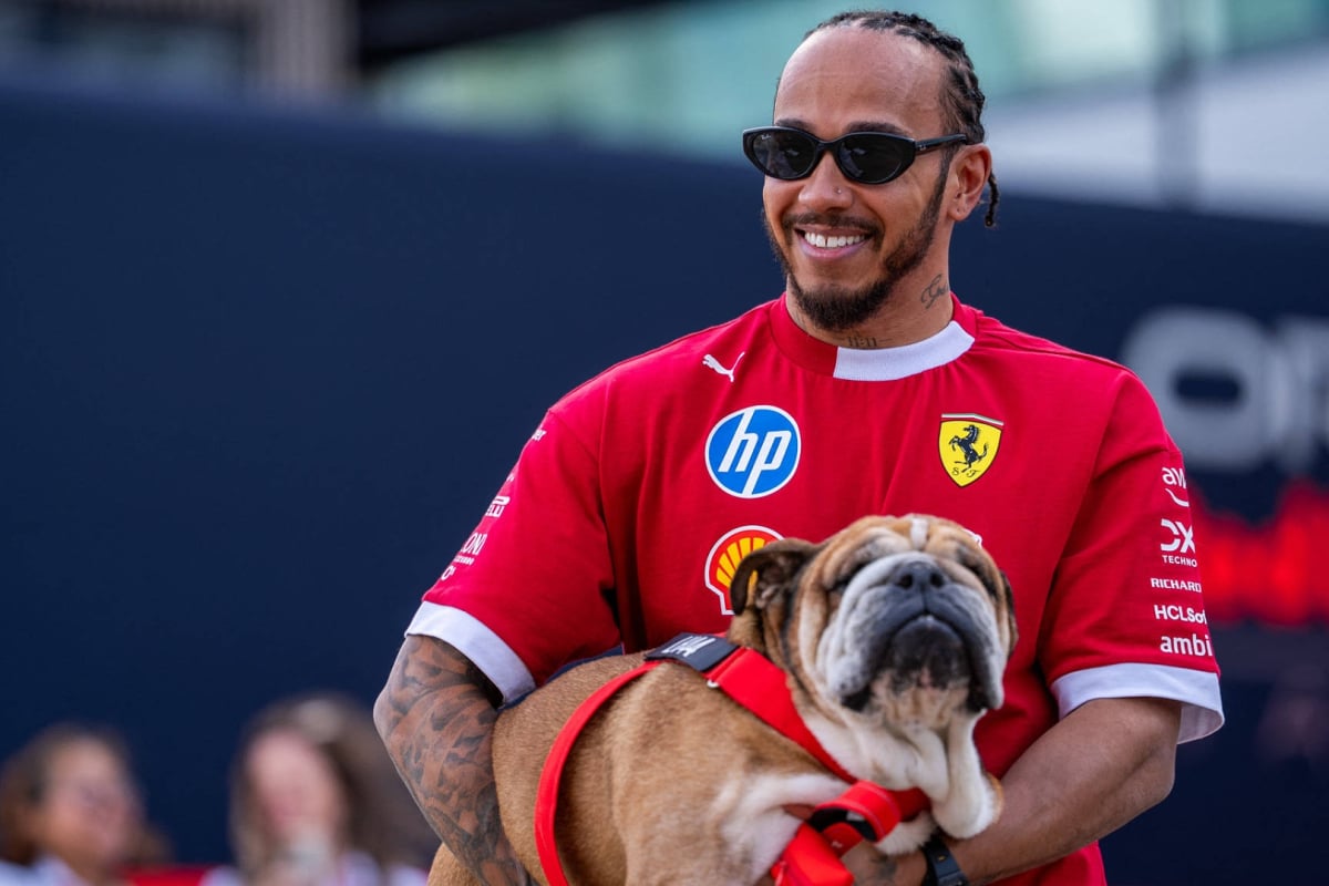 Lewis Hamilton smiles wearing a bright red Ferrari top as he carries Roscoe through the F1 paddock