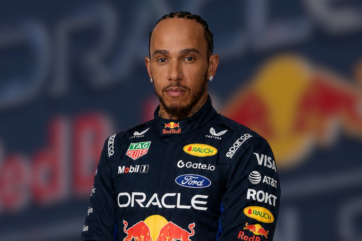 Lewis Hamilton is mocked up in a 2026 Red Bull racing suit