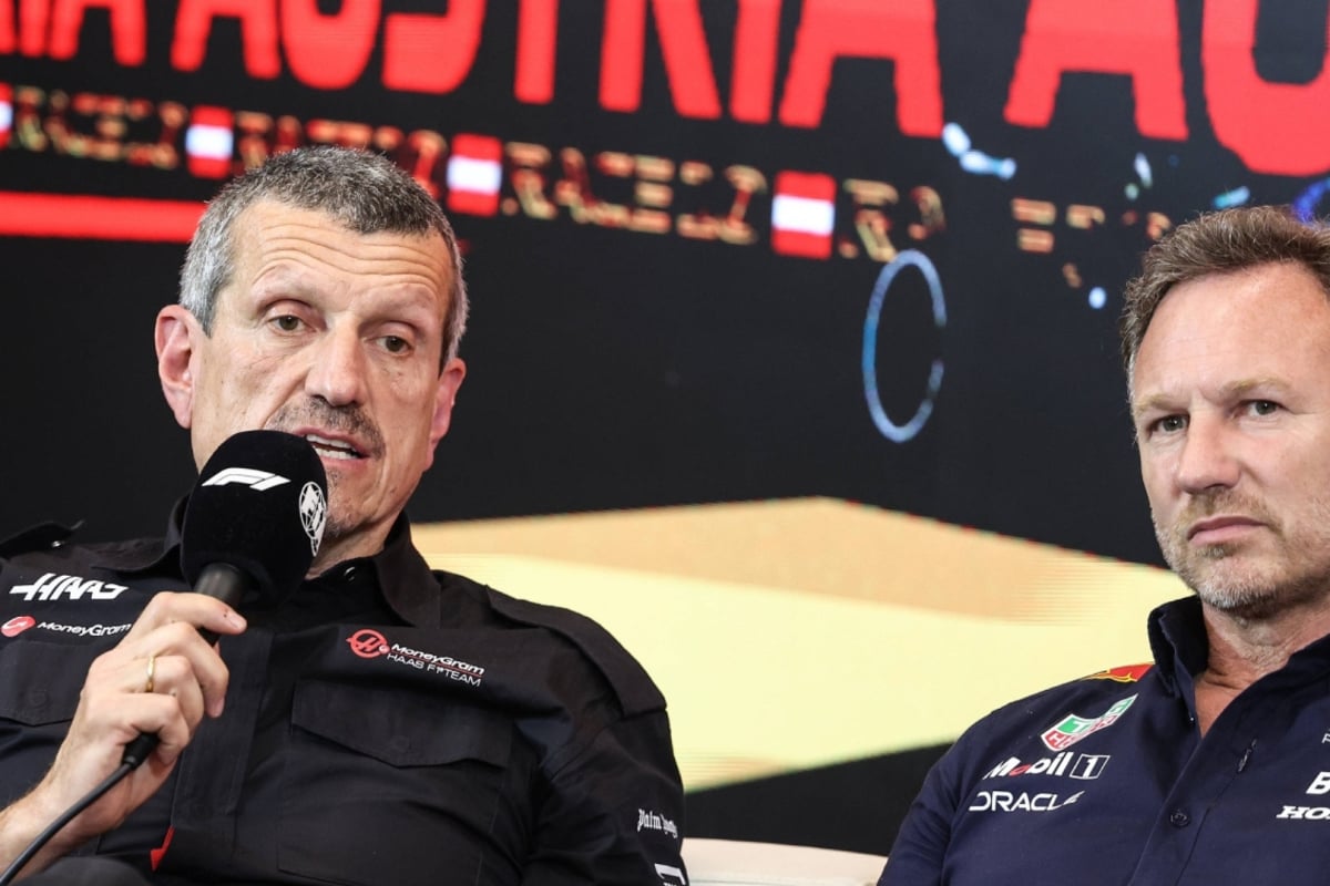 Guenther Steiner and Christian Horner at a press conference in Austria, 2023