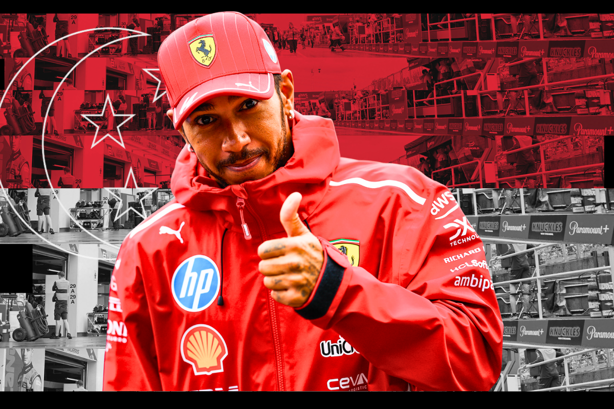 Hamilton giving a thumbs up in front of Singapore flag background