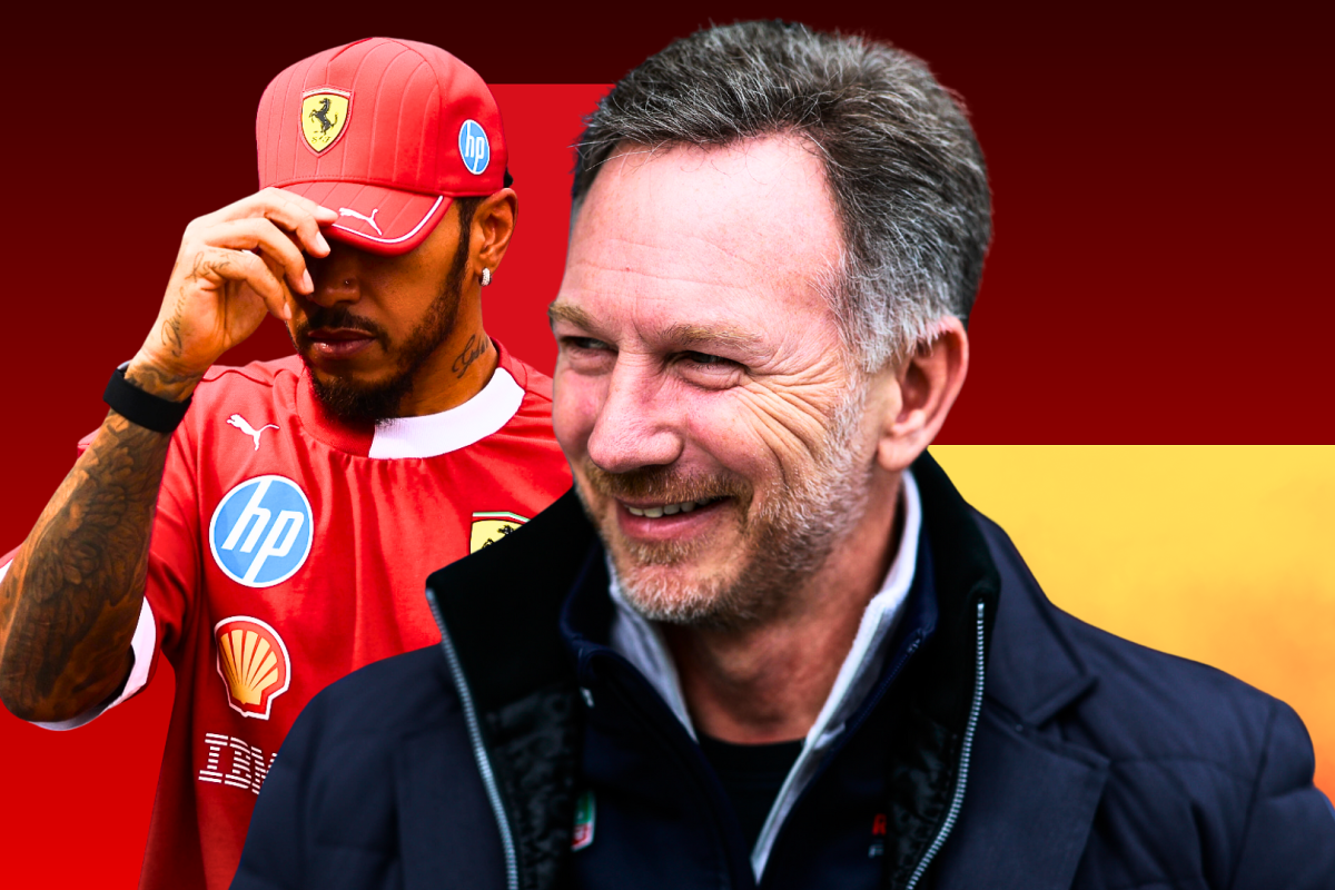 Lewis Hamilton hides his face as Christian Horner smiles in front of a Ferrari themed background