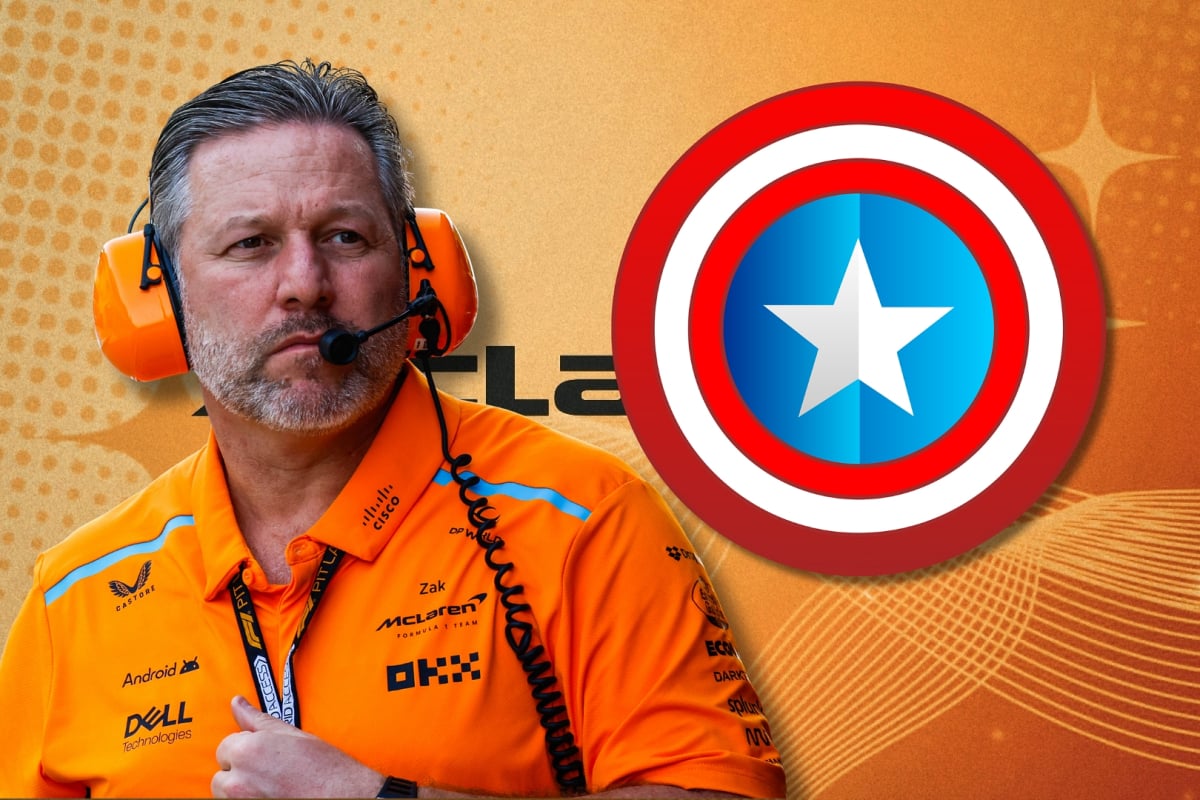 Zak Brown is pictured in a composite with a Captain America symbol