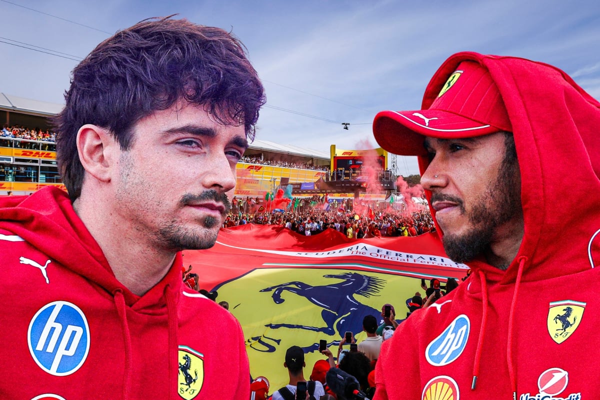 Leclerc and Hamilton in front of Monza 2023 crowd