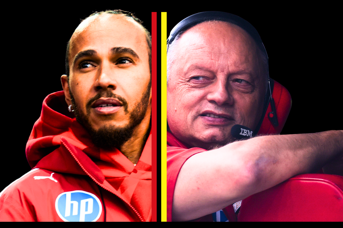 Hamilton and Vasseur edited alongside one another in Ferrari kit with black background split by yellow and red centre lines